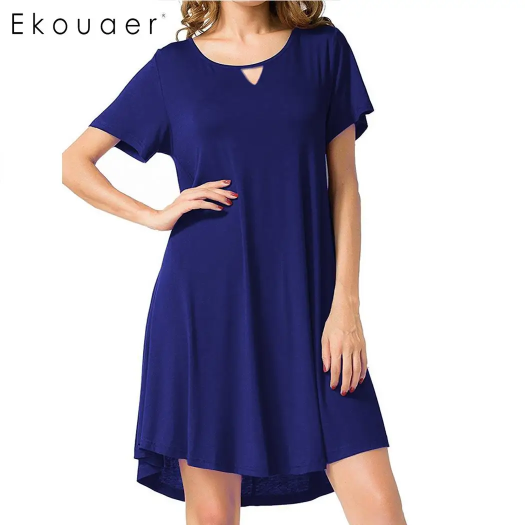 Ekouaer короткая ночная рубашка Летняя одежда для сна женское однотонное открытое с коротким рукавом с v-образным вырезом мягкое базовое домашнее платье ночное белье