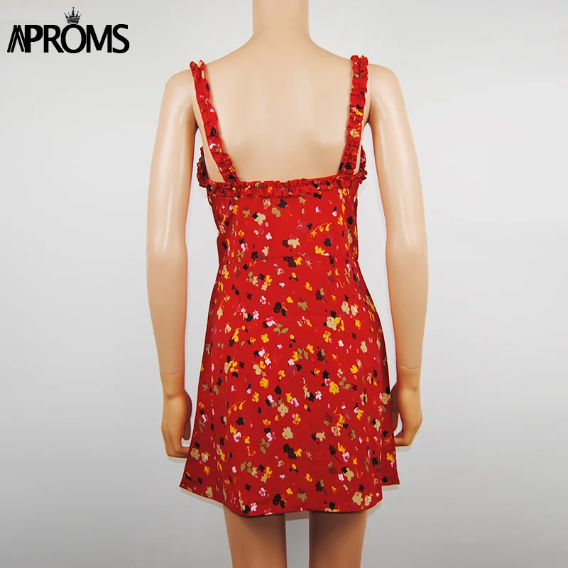 Aproms/короткое шифоновое платье с красными оборками и цветочным принтом; женские летние туфли с ремешками; облегающее платье; 90 s; кнопки для девочек; мини-платья Vestidos