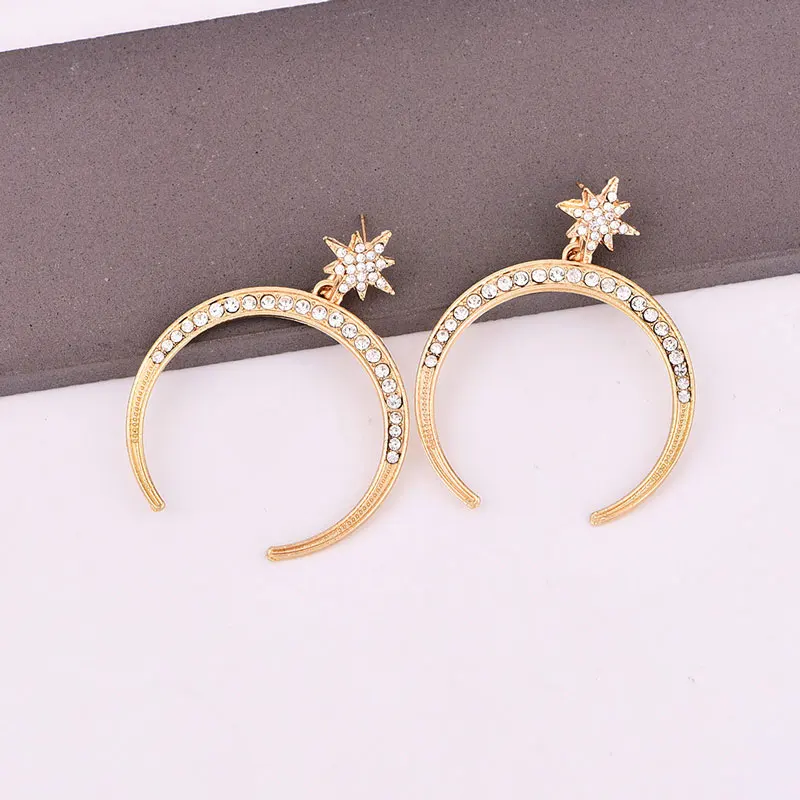 2019 European and American new fashion personality big inlaid with crystal stars moon earrings female models | Украшения и