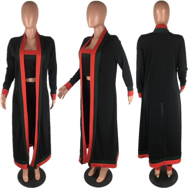 Red and Green striped women 3 Piece Sets Autumn Winter Tube Top + Long Cloak Pants Suits Casual 3piece Clothing 3XL | Женская одежда