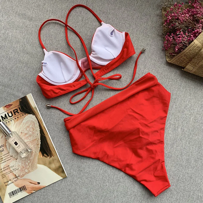 Винтажное бикини с высокой талией Женский однотонный бандаж пуш-ап пляжный