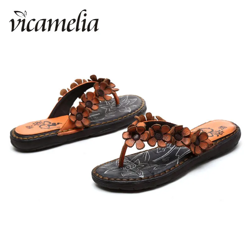 2019 Summer Newest Beach With Flower Flip Flops Genuine Leather Casual Women Slippers Ladies Outdoor Flat Shoes Handmade 321 | Обувь