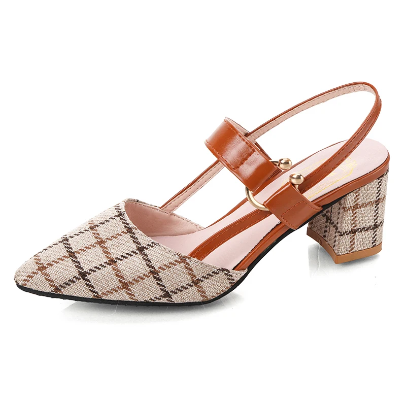 

2019 spring new hollow plaid coarse sandals high-heeled shallow mouth pointed pumps shoes work shoes women Female sexy