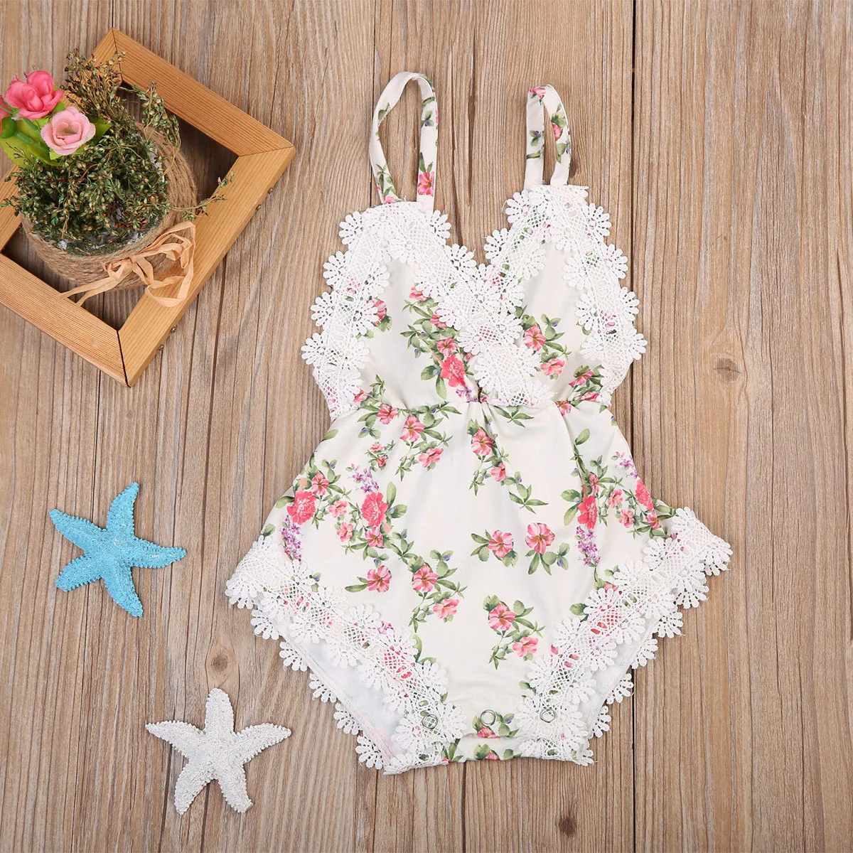Lovely V neck Kids Baby Girls Floral Outfits Lace Jumpsuit Rompers Strap Backless Summer Romper Clothing | Детская одежда и обувь