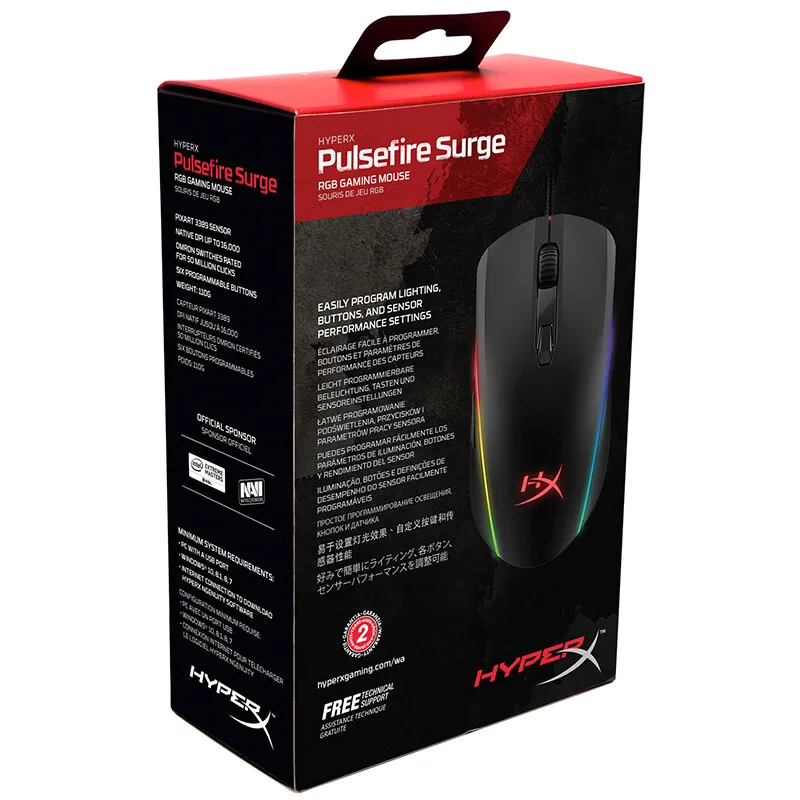Игровая мышь kingston HyperX Pulsefire Surge RGB Lighting 16000 dpi мышь Pixart 3389 сенсор динамический 360 ° RGB эффекты игровая мышь