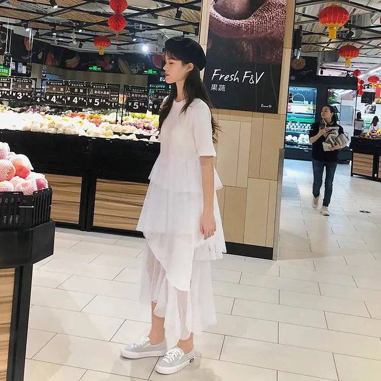 2019 летние S-3XL черный/белый/серый бальное платье свободное женское мульти-Слои