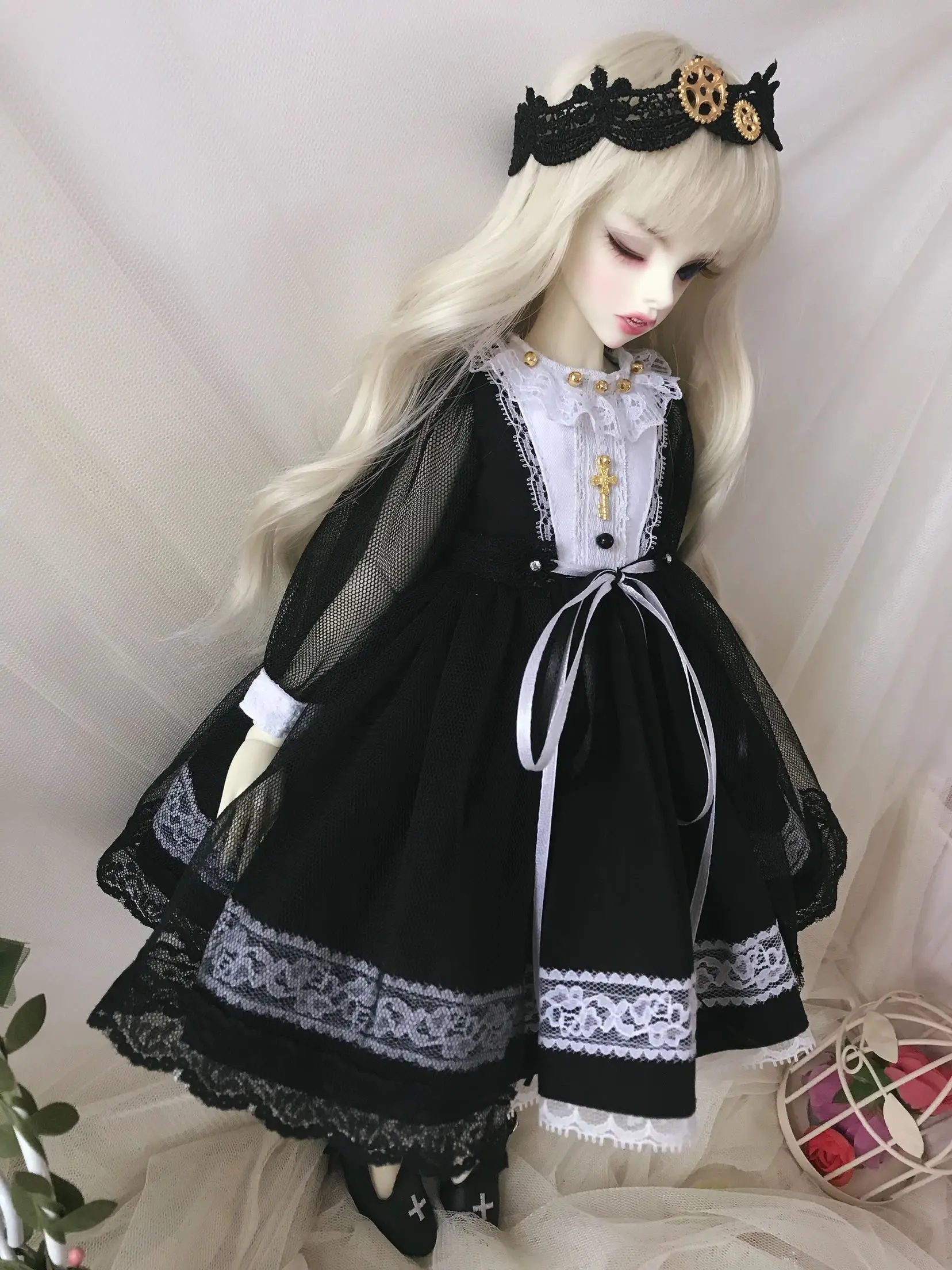 Одежда для кукол 1/6 платье для кукол черное платье для 1/6 1/4 BJD аксессуары для кукол SD Blyth платье+ украшение для волос+ кружевная юбка из вуали