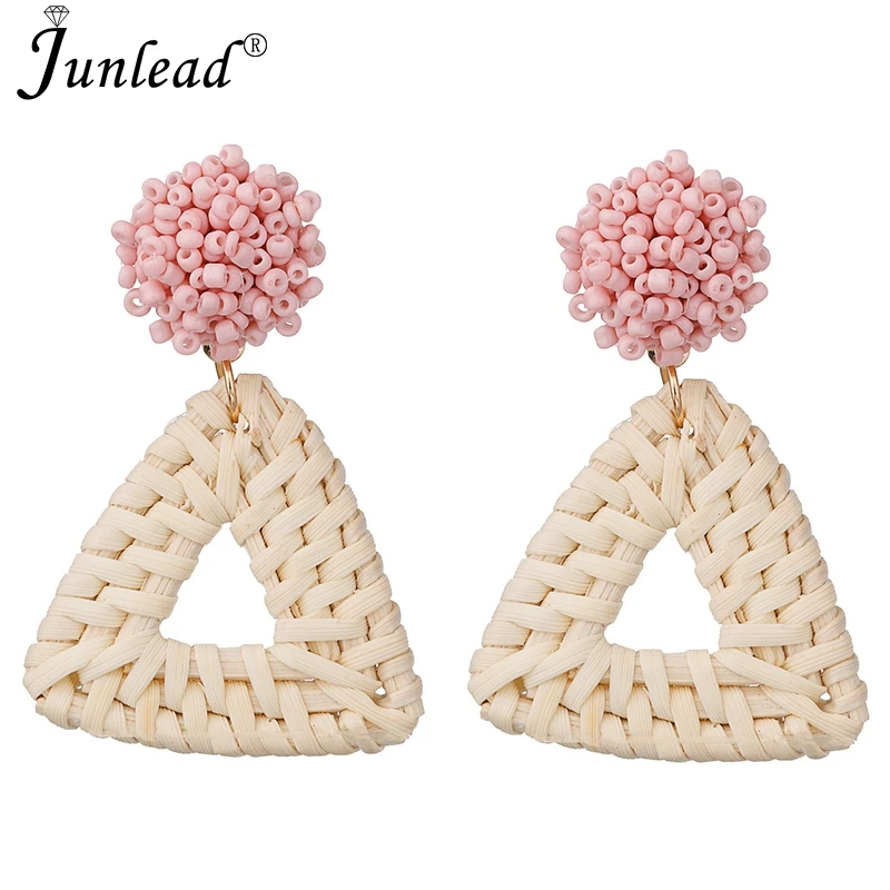 Junlead Wholesale Triangle Pendant Vintage Dangle Statement Earring Beaded Wooden Straw Weave Rattan Earrings For Female Bijoux | Украшения