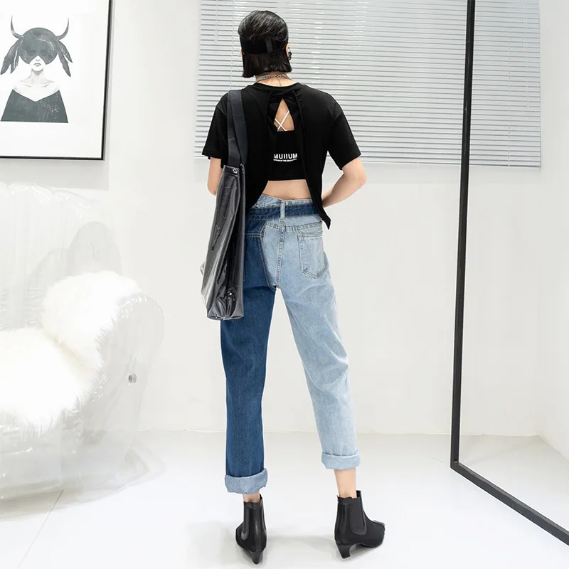 [EAM] New Spring Fashion High Waist Patchwork Hit Color Detachable Blue Jeans Straight Denim Pants Women SC08