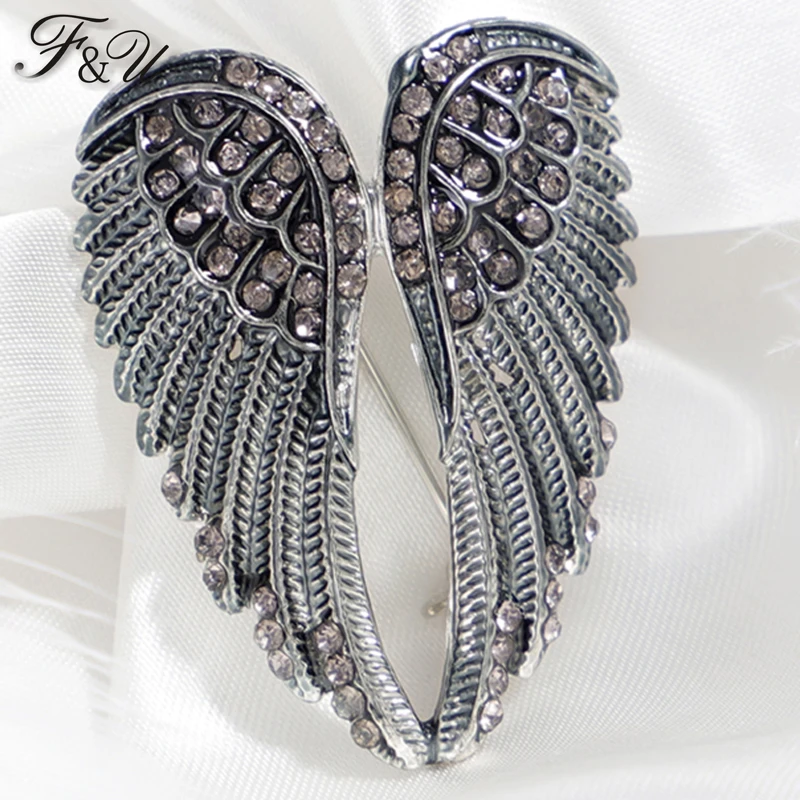 Модная Винтажная брошь F & U в виде крыла ангела с кристаллами булавки ювелирные