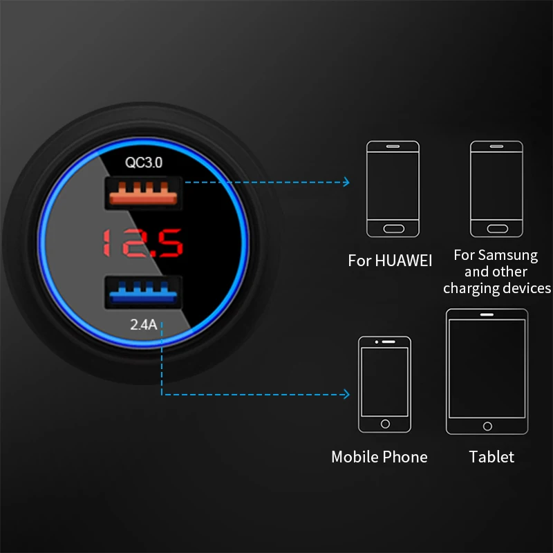 Автомобильное зарядное устройство QC3.0 2.4A с двумя usb-портами, ЖК-дисплей, 12-24 В, прикуриватель, быстрое зарядное устройство, автомобильный usb-адаптер, обновленная версия