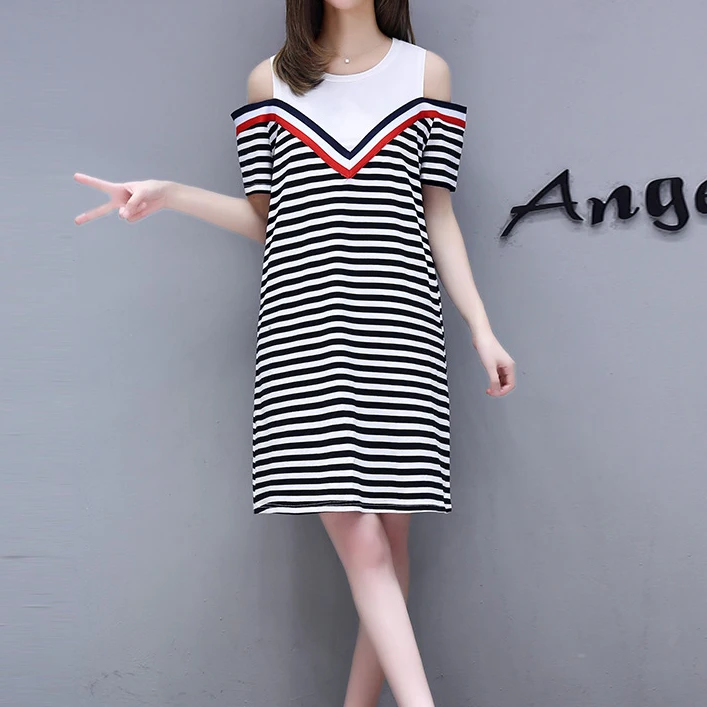 

Preppy Style New Stripe Plus size Loose Student Dress High Waist A-Line Women's Summer Dress