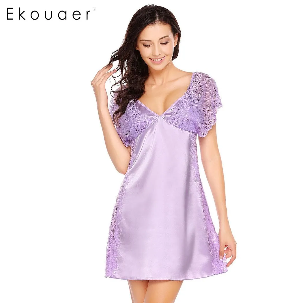Ekouaer элегантная кружевная ночная рубашка женская сексуальная Лоскутная одежда
