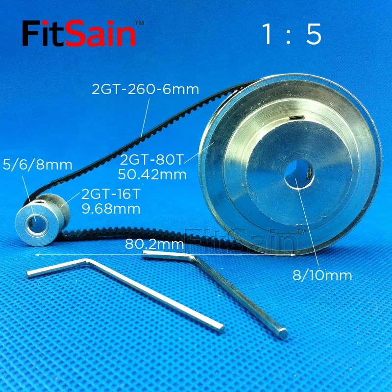 

FitSain-2GT 16T:80T 1 : 5 Width 6mm aluminum alloy pulley reduction ratio drive synchronous wheel center hole 3.17/4/5/6/8/10/12