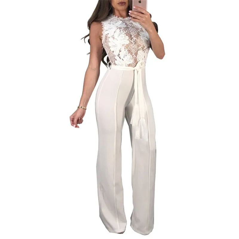 Adogirl Sexy Sheer Lace Applique Casual Jumpsuit Solid Black White Red Sleeveless Romper with Belt Women Wide Leg Pants Overalls