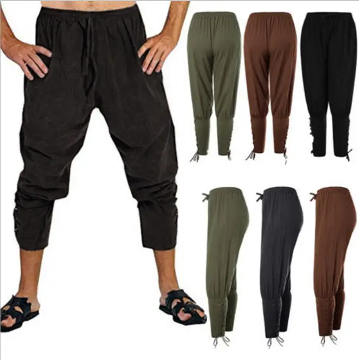 S-3XL Adult Men Medieval Renaissance Lounge Pirate Horseman Costume Loose Pants Viking Black Brown Navigator Leg Bandage Trouser