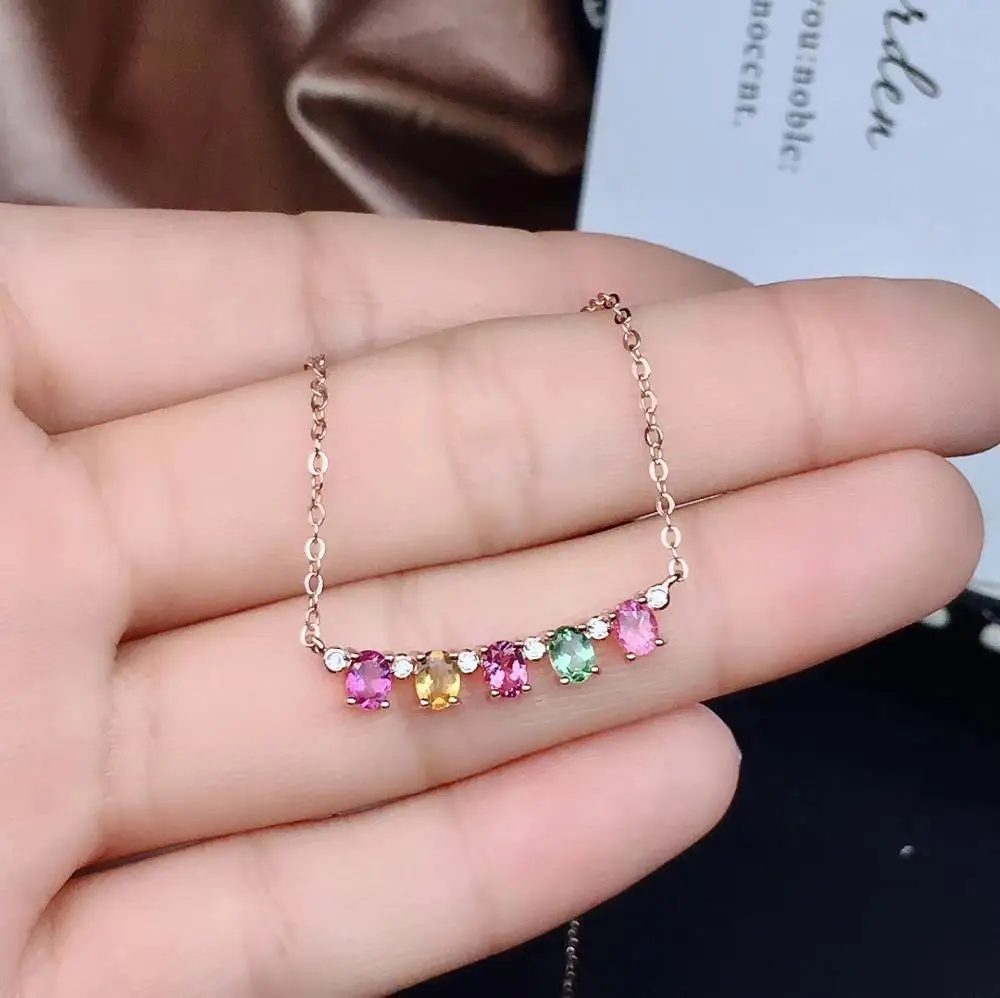 Simple fashion  Beautiful multi-color natural tourmaline, each color is candy color, 925 silver necklace