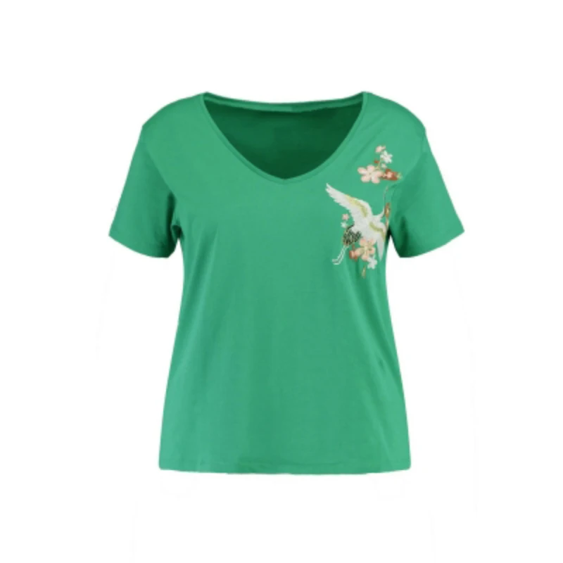 Женская футболка с круглым вырезом и вышивкой птиц зеленая черная большие