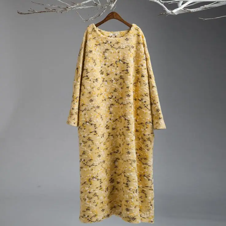 Цвет: желтый TaFiY Vestido, зимние женские платья, винтажные, с круглым вырезом, с принтом, утолщенное, шерстяное, макси, длинное платье свободного размера плюс, платье для женщин - Цвет: Цвет: желтый