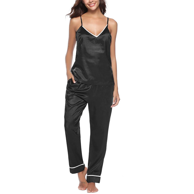 Пижама женская атласная шелковая с V-образным вырезом и длинными штанами