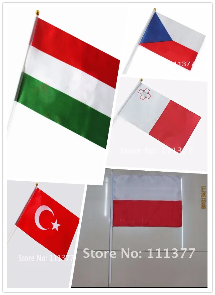 

6 European national flags Poland Turkey Malta Czech Croatia Hungary Flags 14*21cm polyester flags with plastic poles