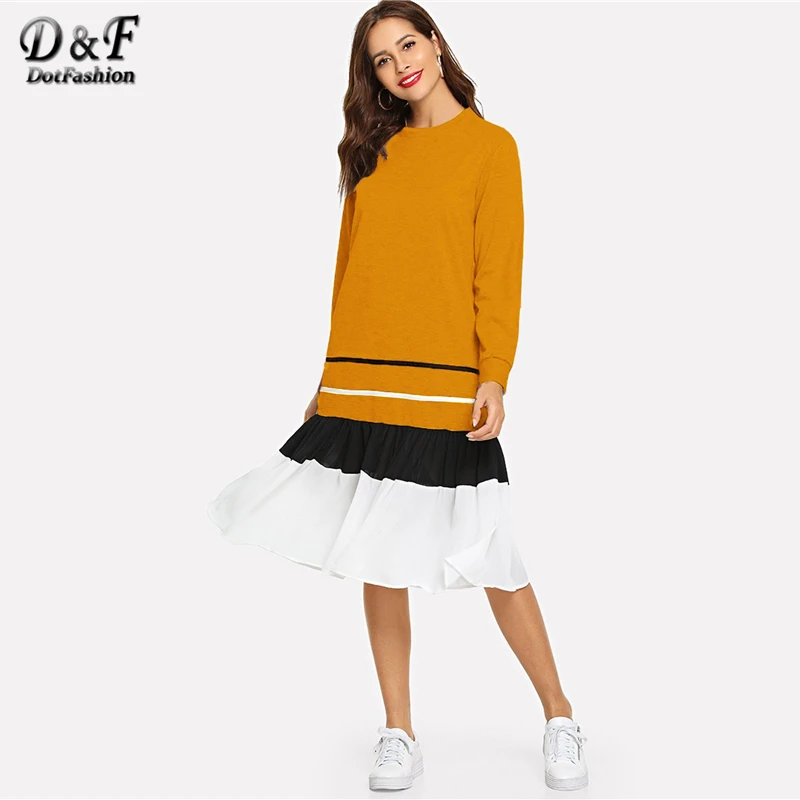 Dotfashion, желтые полосатые платья с оборками, женская одежда, осень, Повседневная модная одежда, толстовка с длинным рукавом, платье