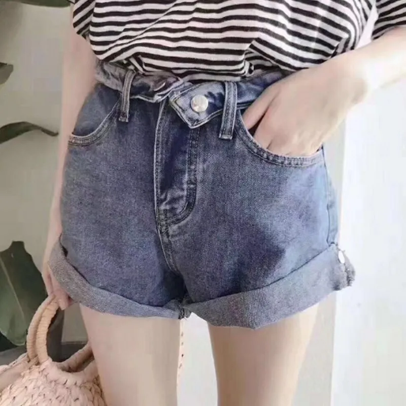 Летняя Корейская Высокая талия Свободные трапециевидные джинсовые шорты