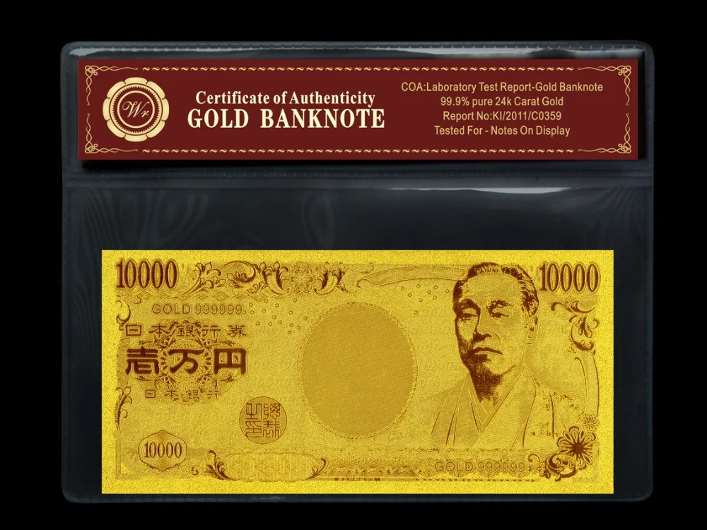 Золотая банкнота японская фальшивая 10000 иен 99.9% золото с рамкой из ПВХ|gold bnc|gold