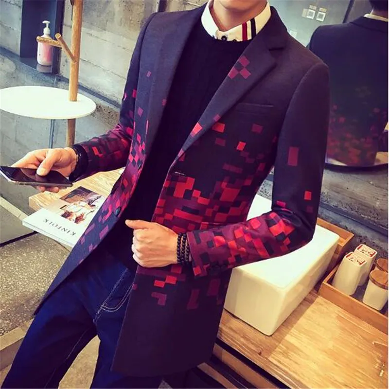 2018 тонкий мужской Тренч средней длины в клетку с квадратным цветным блоком