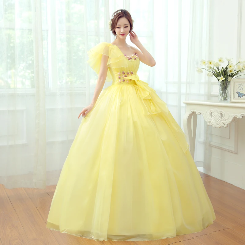 Новый 2016 Желтый Без Бретелек Одно Плечо Цветы Аппликации Соло Этапе