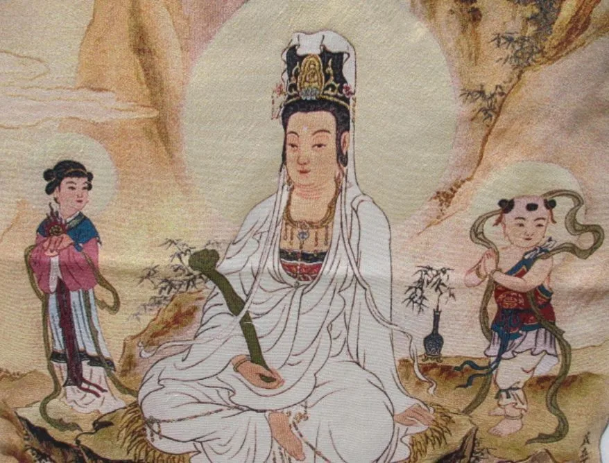 Золотой светильник богиня статуя Гуаньинь Тибета и Непала танка. 60x90 см|Вышивка| |