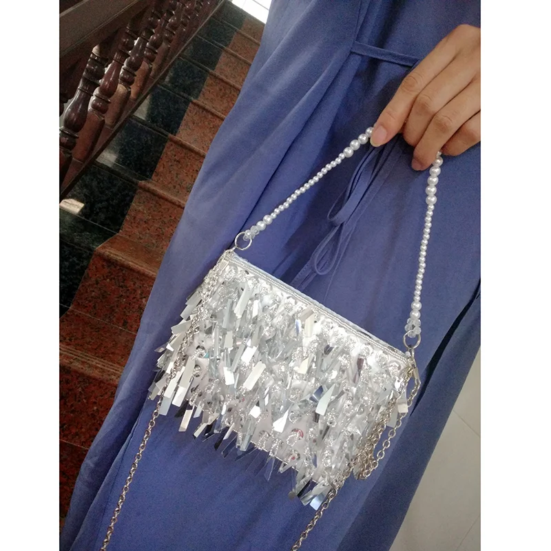 Летние Новые Вечерние расшитые бисером сумки серебристые жемчужные сумочки с