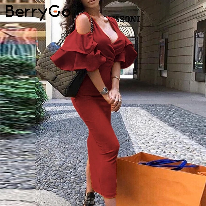 BerryGo Элегантное летнее платье с открытыми плечами женское сексуальное v образным