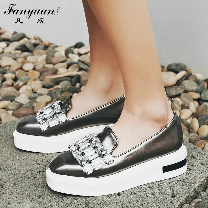 

Fanyuan Casual Shoes Women Loafers Thick Bottom Square Toe Crystal Flat Platform 2018 Spring Lady Patent Leather Shoes Big Size