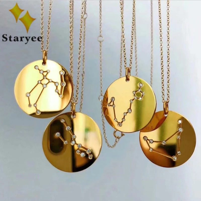12 подвеска созвездия, ожерелье s Real 18 K 750, желтое золото, натуральный бриллиант, Знак зодиака, цепочка, ожерелье, ювелирные изделия для женщин, девушек