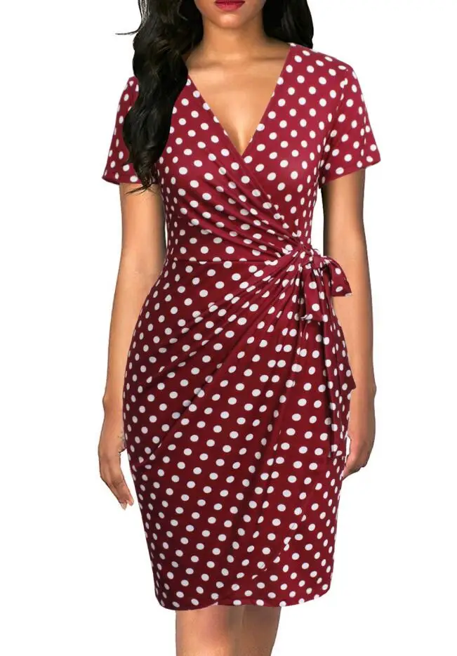 9069 red dot Berydress, элегантное классическое платье, женские платья, коктейльные, вечерние, миди, черное, летнее, облегающее, с рюшами, бордовое, с искусственным запахом, Vestidos - Цвет: 9069 red dot