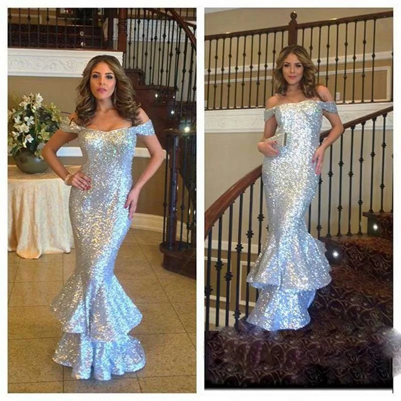 Vestido de festa longo блестящее Серебряное Вечернее Платье с вырезом лодочкой и блестками
