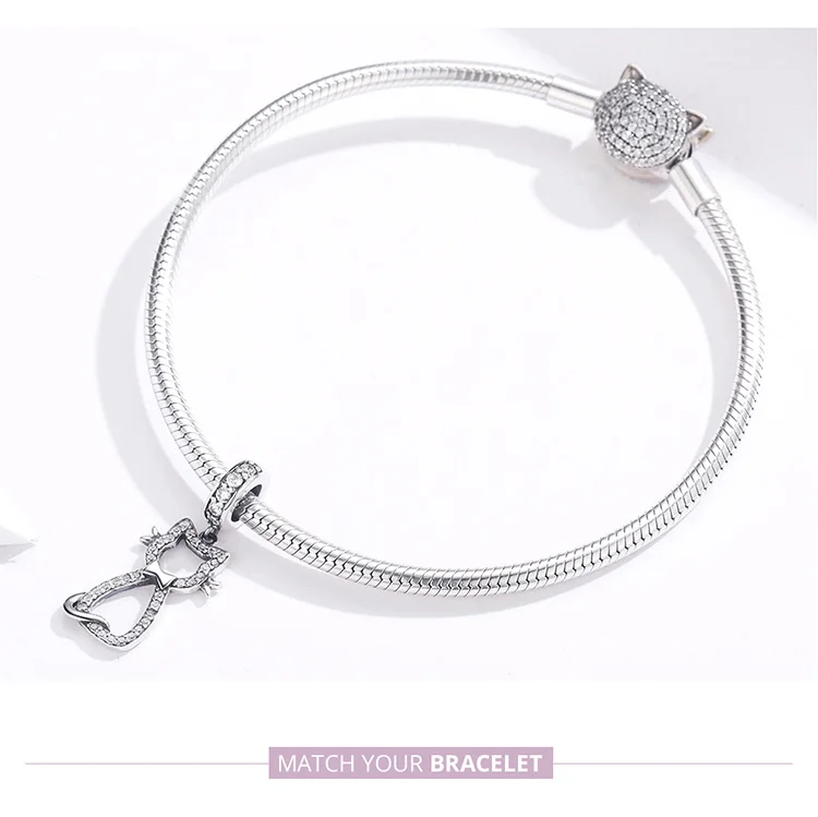 BISAER кошка кулон 925 пробы серебро животное котенок киска талисманы бусины подходят браслеты кубический циркон DIY ювелирных изделий ECC1162