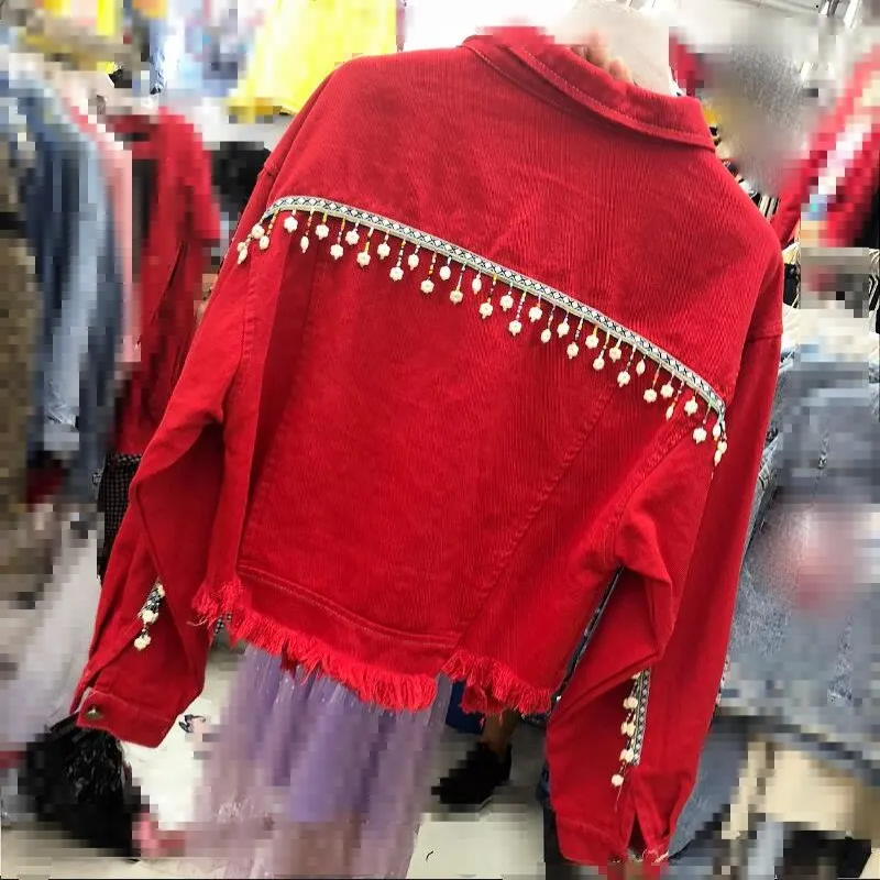 Женская хлопковая куртка boho Черная/красная с кисточками верхняя одежда 2018 |