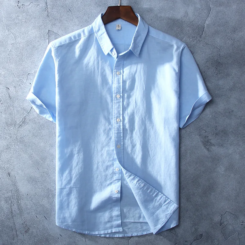2019 Летняя женская однотонная льняная рубашка с коротким рукавом и отложным