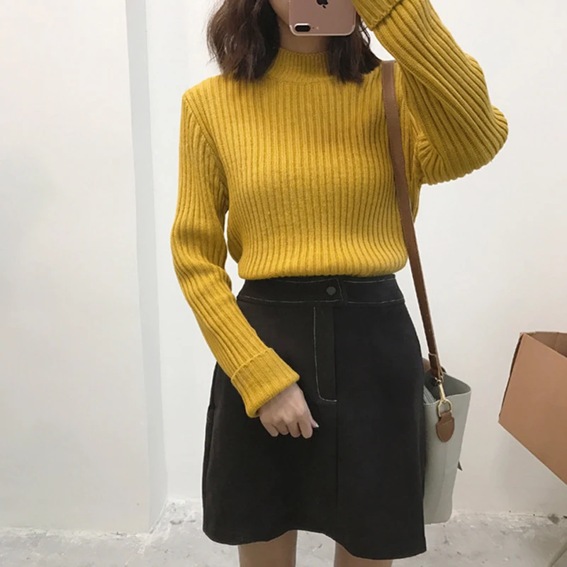 Half Turtleneck Women Sweater Jumper Autumn Winter Burgundy Soft Thin Knitted Pullover Ribbed Long Sleeve Basic | Женская одежда
