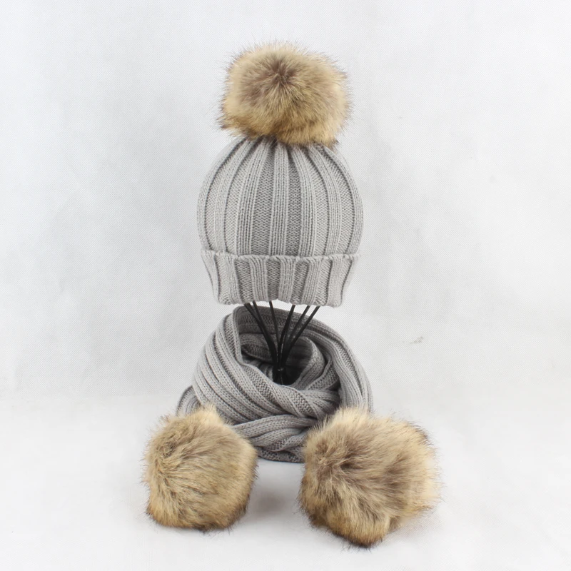 Комплект из 2 предметов меховая шапочка с помпонами шарф шапка теплая вязаная