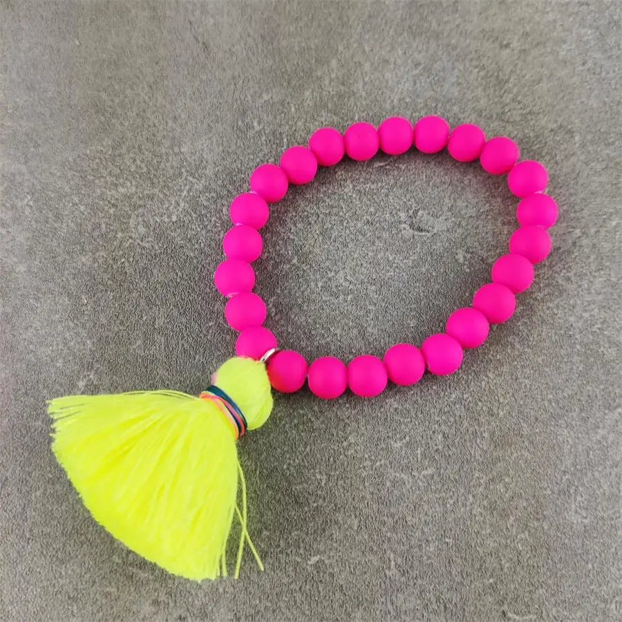rubber plated rose Новая мода резиновое покрытие эластичный браслет из бусин с красочными большими кисточками для женщин Летний пляж призвание ювелирные изделия - Окраска металла: rubber plated rose