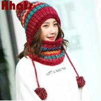 winter womens hat bib set knitted warm beanies with three pompom ball female balaclava multi functional hat scarf set