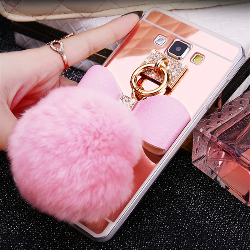 Ainike Rabbit Fur Ball Bowknot Diamond Mirror Soft TPU Phone Back Cover Case For Samsung Galaxy S9 A8 J510 J7 Prime Note5 J5 C9 |