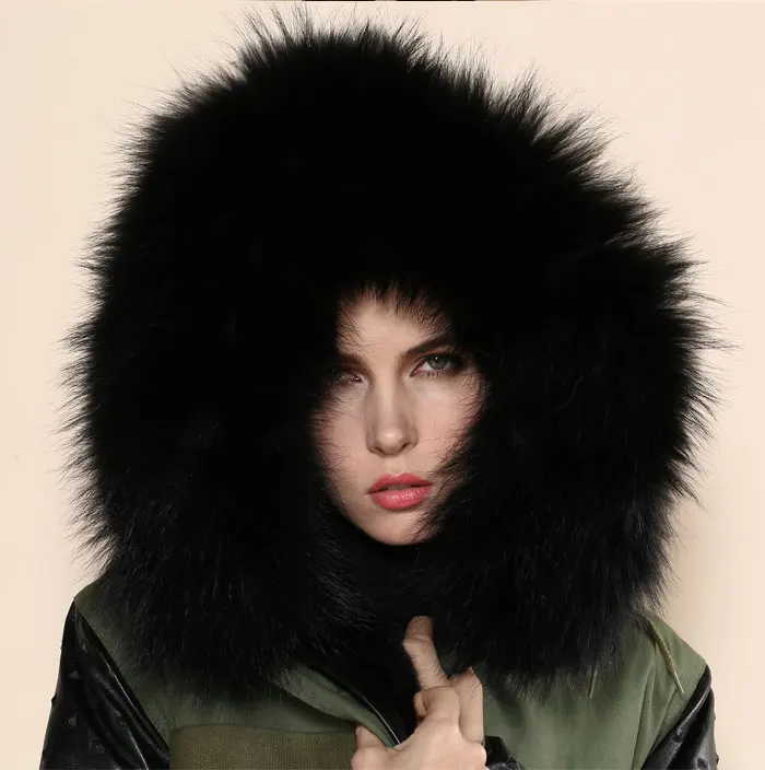 Модные зимние теплые меховые пальто с кожаным рукавом армейского зеленого цвета