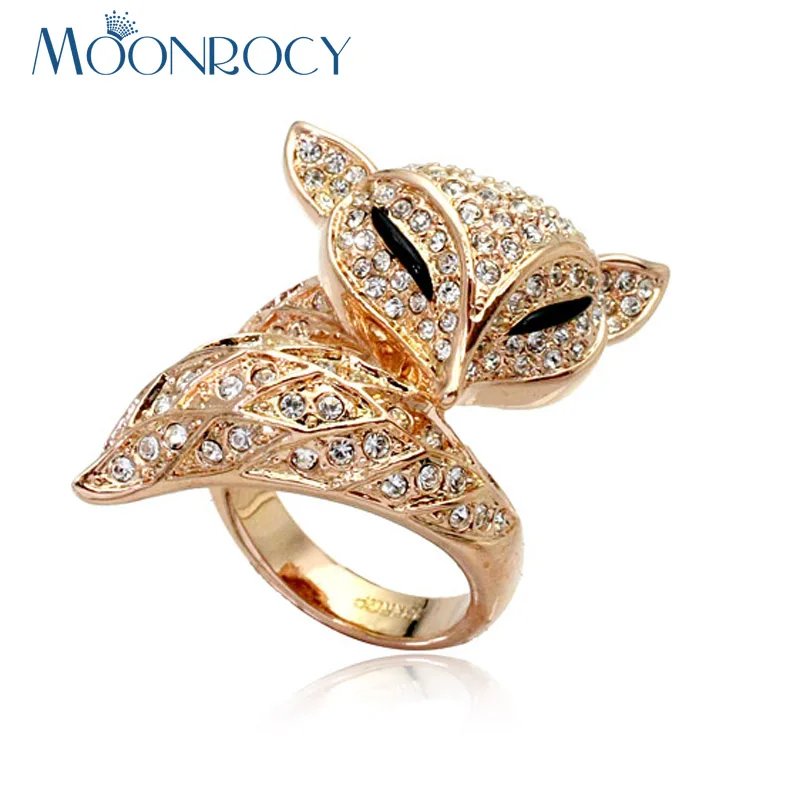 MOONROCY Free Shipping Fox Animal Jewelry Wholesale Rose Gold Color Cubic Zirconia Crystal Rings Fashion Women's Party Gift | Украшения