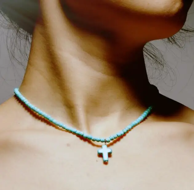 Green Boho Этнические маленькие Бусы из натурального камня, колье, Милые ожерелья с крестом, Короткие колье, ожерелье для женщин, летние ювелирные изделия, колье для женщин - Окраска металла: Green
