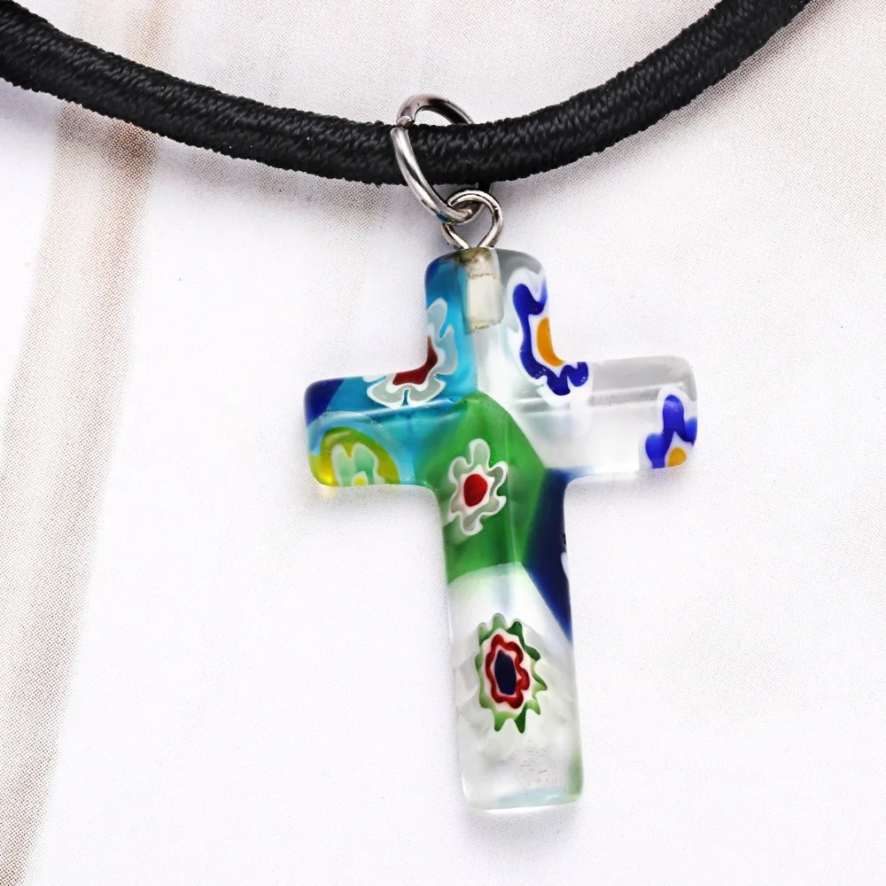 Murano Glass Pendent Necklace Women Fashion Jewelry Charm Gifts Red Yellow Blue Colored Pendents Cross Shaped | Украшения и