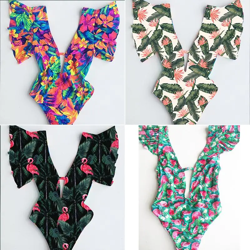 Бикини с цветочным принтом новинка 2020 боди глубоким v образным вырезом Цельный